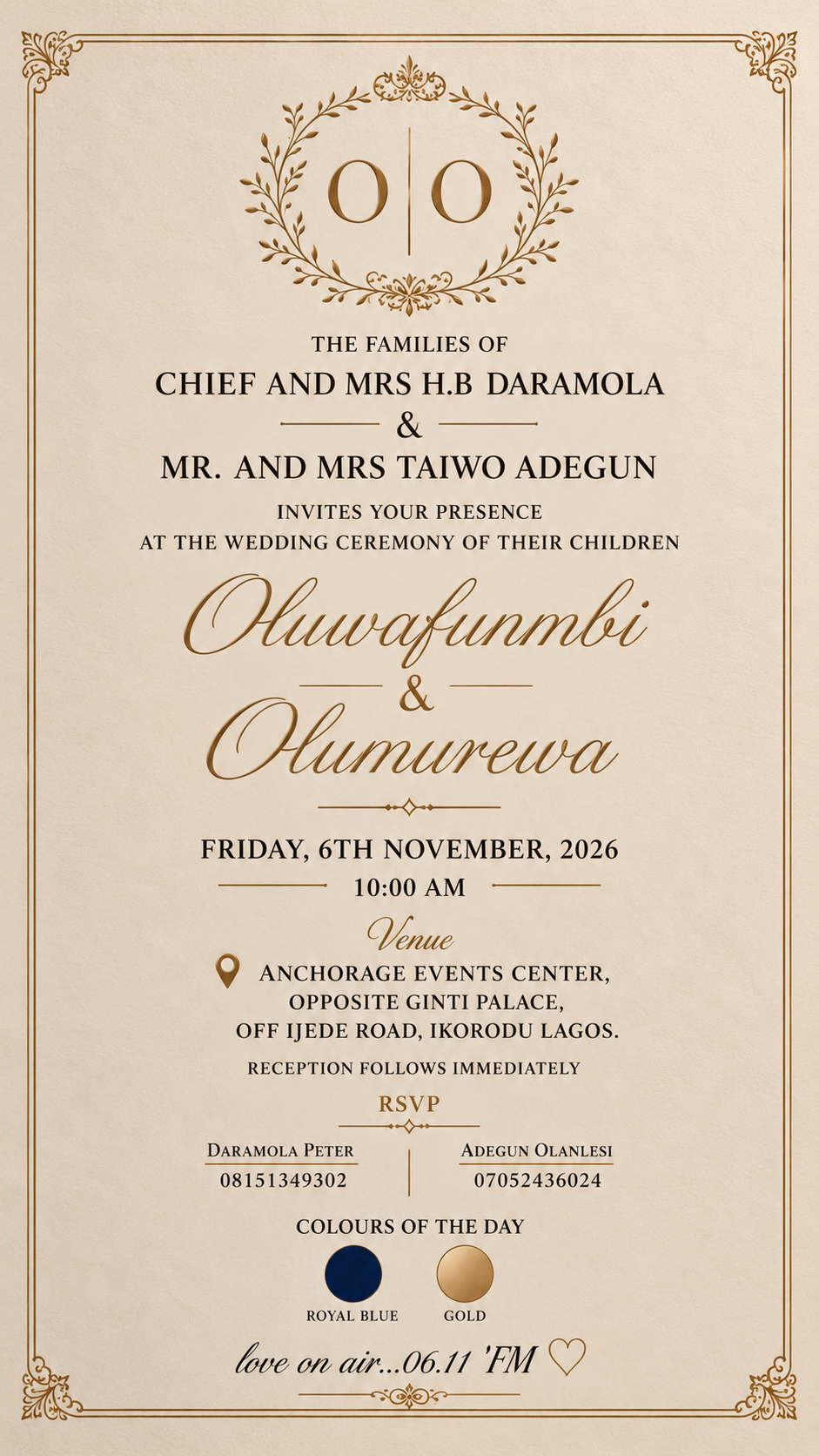 The original wedding invitation for Oluwafunmibi and Olumurewa